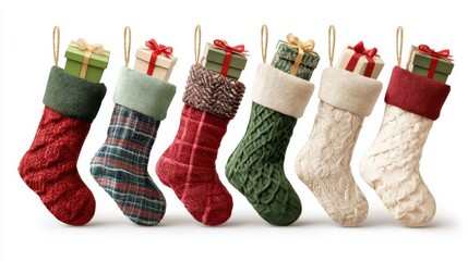 christmas stocking set including various velvet knit and plush designs filled with gift boxes isolated holiday decor and festive celebration collection