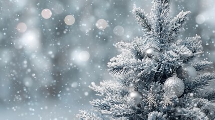 close up of a frosted christmas tree with silver ornaments and a winter wonderland text overlay