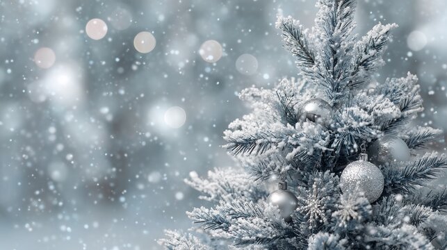 close up of a frosted christmas tree with silver ornaments and a winter wonderland text overlay