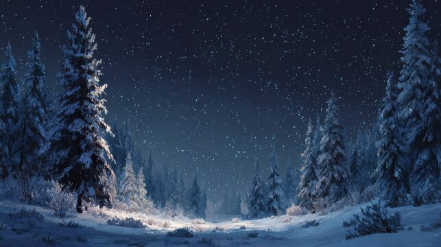 winter night landscape snowy forest and fir branches