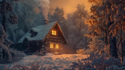 Enchanting winter evening at a cozy cabin with warm lights in a snowy forest landscape - Powered by Adobe