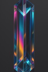 Iridescent pillar shines, reflecting colors against a dark backdrop, standing tall.