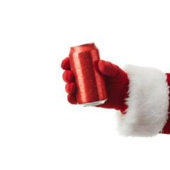Santa Claus's hand holding a cold red soda can.