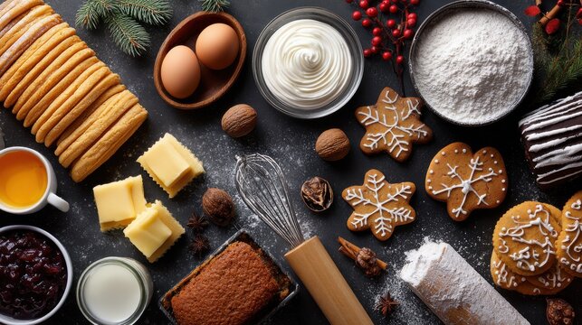 christmas food baking background top view on black background - Powered by Adobe