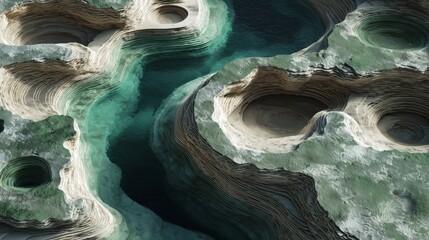 Dynamic flowing water intertwines with organic stone formations in a nature-inspired 3D CGI render