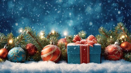 vibrant christmas garland with festive ornaments twinkling lights and a wrapped gift box on snowy blue background