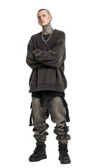 Fashion model showcases casual streetwear against clean white background in studio setting