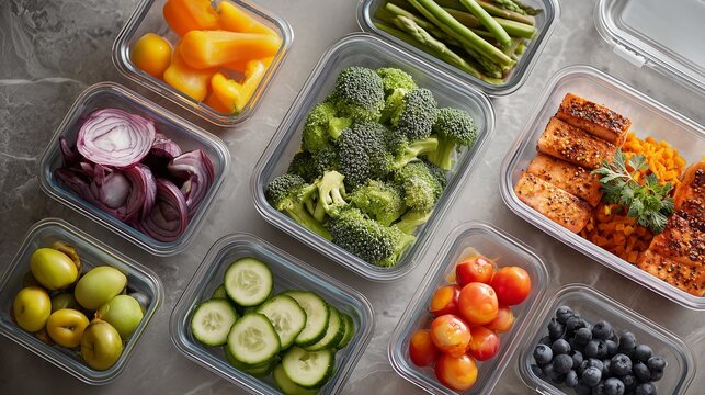 Healthy meal prep containers organized on kitchen counter for clean eating lifestyle