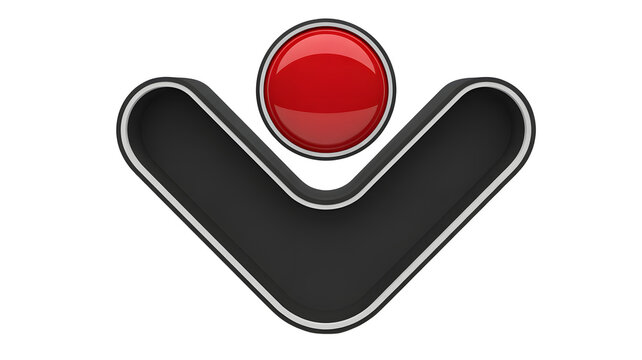 Modern abstract logo emblem featuring a striking red orb atop a sleek, dark V-shaped element with polished silver trim