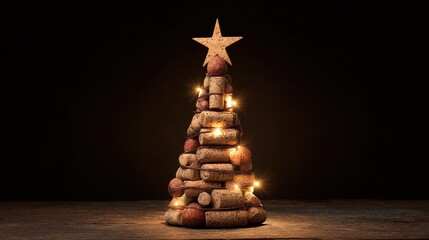 whimsical wine cork christmas tree glows with festive lights and a shining star a unique holiday decoration for cozy celebrations