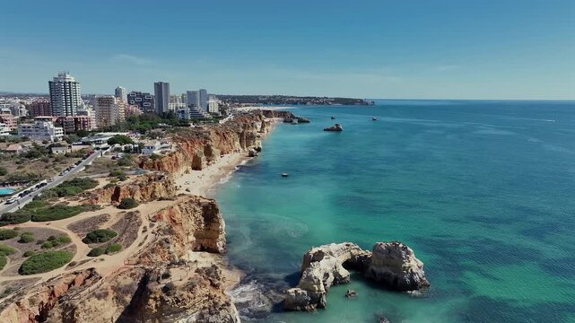 Aerial video from Praia Da Rocha near Portimao in the Algarve Portugal