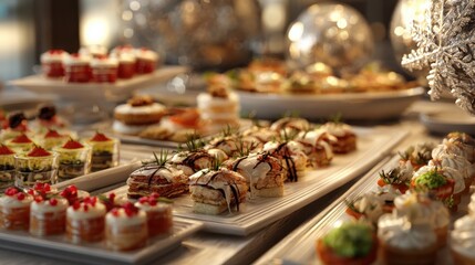 Fototapeta premium elegant christmas buffet with gourmet appetizers and festive decor