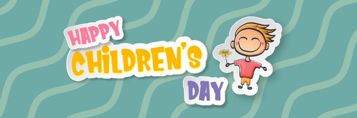 World childrens day wide banner with little funny cute boy isolated on abstract blue background. Vector happy world childrens day poster concept with funny cartoon smiling child. 20 november kids day