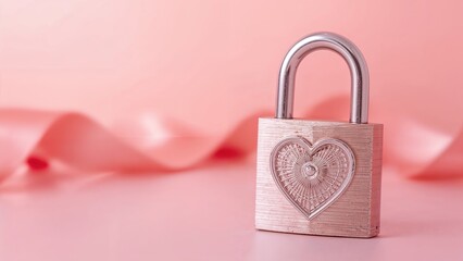 A pink padlock with a heart design on the lock body, set against a soft pink background with flowing fabric.
