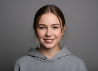 Radiant young woman with a genuine smile, exuding confidence and approachability in a stylish grey hoodie against a neutral background.