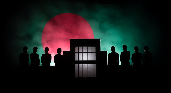 United team silhouetted against a vibrant Bangladesh flag backdrop with a modern building, symbolizing national pride and collective effort.