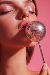 Glamorous close-up of a woman with shimmering makeup holding a sparkling disco-style lollipop. A vibrant, modern beauty shot blending elegance, fantasy, and bold pink aesthetics for creative projects.