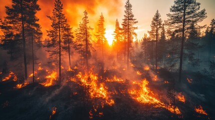 Forest fire at sunset
