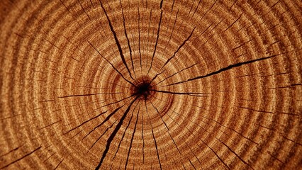 Fototapeta premium Close-up of a tree trunk cross-section showing growth rings and cracks.