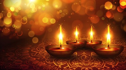Captivating Diwali festival scene with glowing diyas illuminating intricate traditional patterns and warm bokeh lights creating a magical ambiance