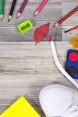 Stationery accessories and other supplies used at school. Back to school. Development of creativity, kids motor skills