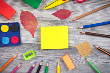 Colorful school supplies for learning. Development of creativity and back to school