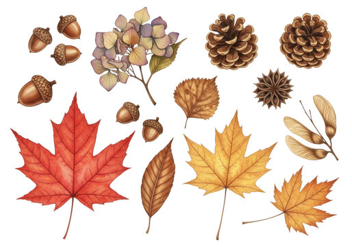 Autumn elements including acorns, pine cones, hydrangea, and colorful maple leaves isolated on transparent background