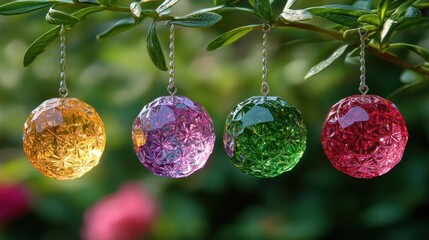 Four colorful,faceted orbs hang from branches