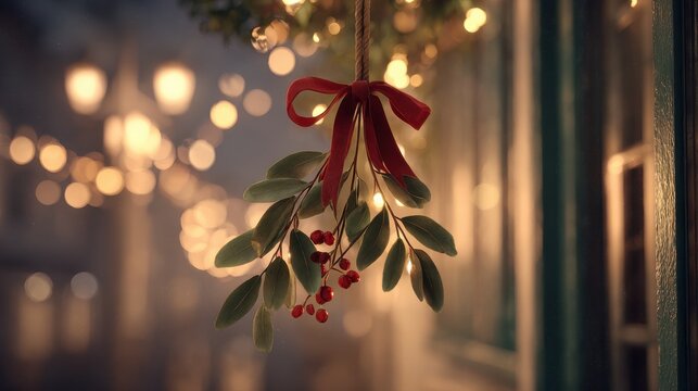 mistletoe with a red ribbon hangs in a doorway decorated with glowing lights the cozy romantic atmosphere is perfect for christmas cards festive invitations or holiday promotions