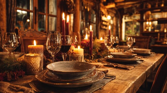 elegant christmas dinner table candles wine festive plates rustic wooden interior warm cozy holiday celebration family gathering decor photography  - Powered by Adobe