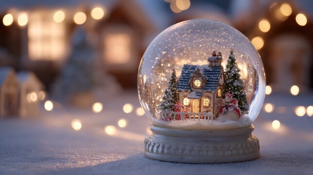 detailed closeup of a christmas snow globe tiny festive scene inside soft glow from fairy lights nostalgic and magical feel