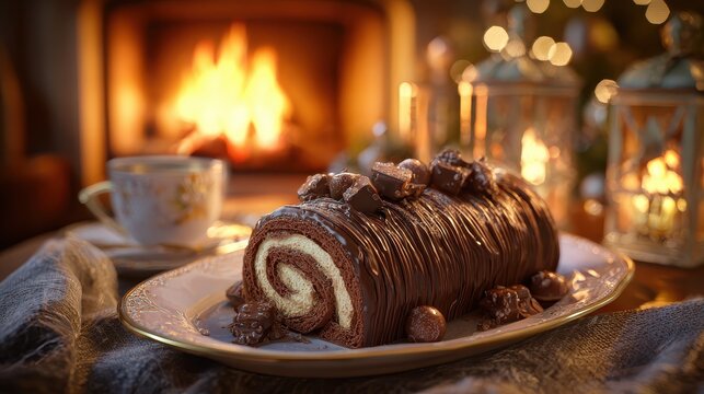 french chocolate yule log cake on cozy christmas table by fireplace