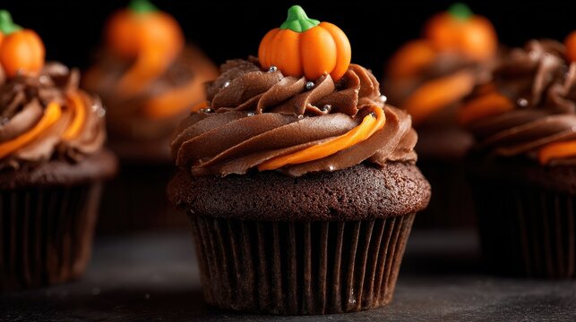 closeup of a festive chocolate halloween cupcake with swirled orange and brown frosting and a candy pumpkin topper - Powered by Adobe