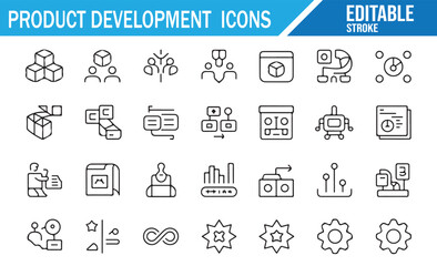 Product Development Line Icons Collection Showing Innovation, Prototyping, Workflow, Analysis, Testing, Strategy, Planning, and Business Growth Elements in Clean Editable Outline Stroke Vector Style