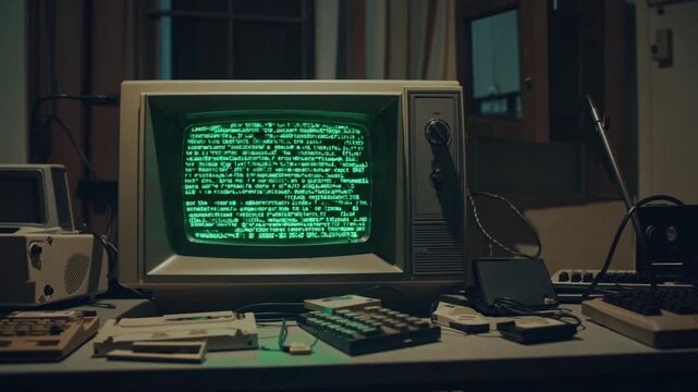 vintage computer monitor with green text. Flickering lines of code fill phosphor screen, dimly lit desk cluttered with keyboard, floppy disks, modem, telephone; moody atmosphere evokes retro hacker