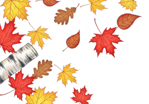 Scattered autumn leaves in red, yellow, and brown, with a birch bark element, isolated on transparent background