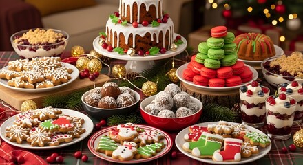Abundant christmas dessert table filled with festive treats and sweets