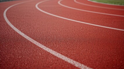 Fototapeta premium Red running track with white lanes and green infield. Sports and athletics, racing concept. Track and field, competition. The concept of speed and performance.