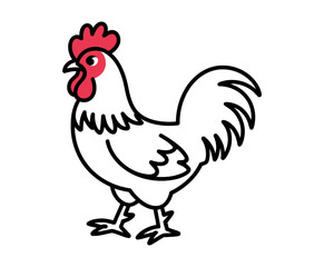 A simple line drawing of a white rooster with a red comb and wattle.