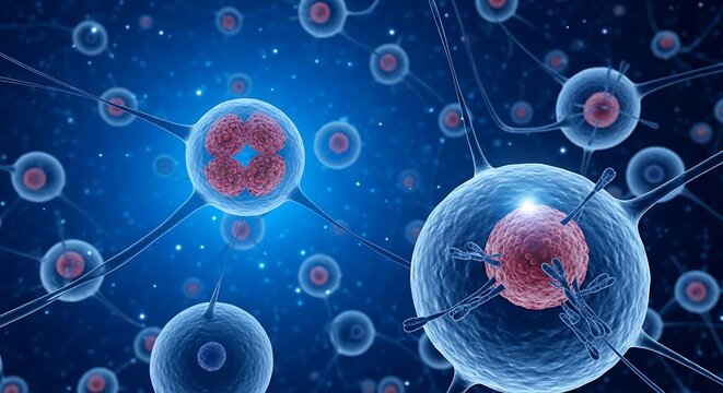 Microscopic view of glowing biological cells connected by neural pathways
