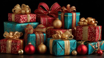 gift giving extravaganza a festive collection of beautifully wrapped gifts in red and teal adorned with golden bows and ornaments the perfect image for celebrating the joy of giving during the hol