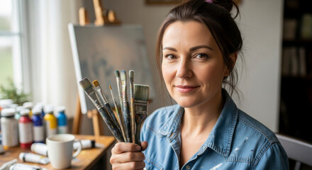 A Portrait of a Female Artist Holding Paint Brushes in Her Studio