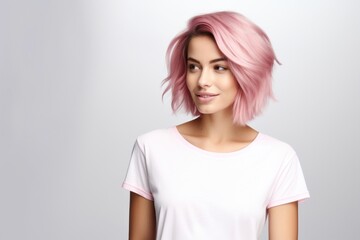 Fototapeta premium Woman in white t-shirt adult pink hair.