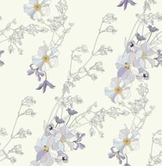 Flowers and leaves in vintage style, seamless pattern.	