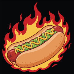 Hot Flaming Hotdog Illustration – Spicy Fast Food Cartoon Vector
