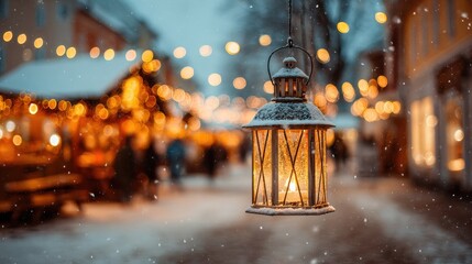 warm light from a snow covered lantern creates a festive atmosphere in a blurred christmas market street at dusk