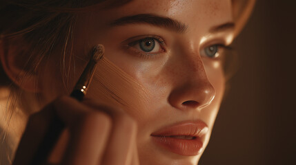 Young woman applying makeup on her face in soft light indoors  
