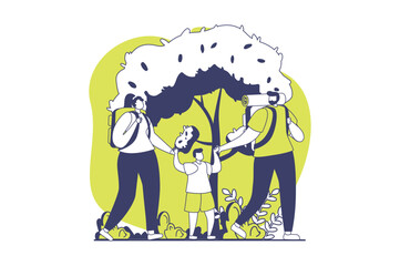 Healthy families web concept with flat people for website design. Mother, father and son with backpack go hiking together, trekking in forest and camping, lead active lifestyle. Vector illustration.