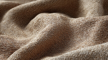 A close-up view of textured beige fabric, showcasing the intricate weave and gentle folds. The natural light highlights the fabric's soft appearance