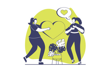 LGBTQ couple web concept with flat people for website design. Two lesbian women dating and spending romantic time together, declaration love feeling and expressing emotions. Vector illustration.